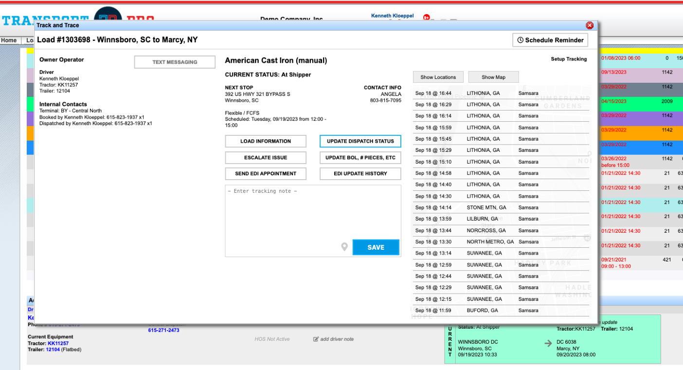 Track and Trace window showing location pings from the Samsara integration.