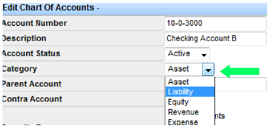 Category dropdown for selecting the account category.