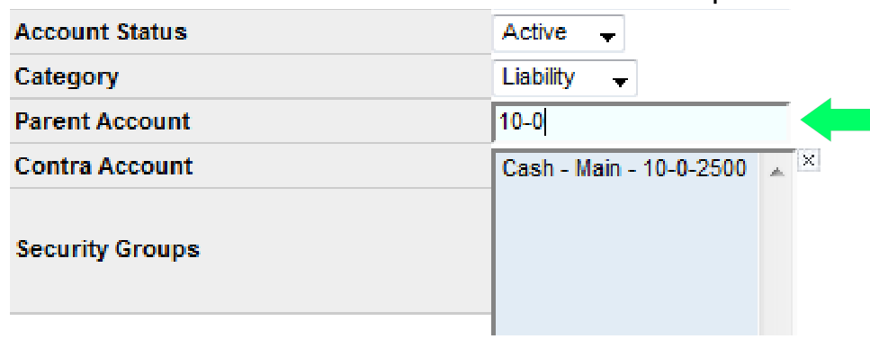 Parent Account field with nested account lookup under the parent number.
