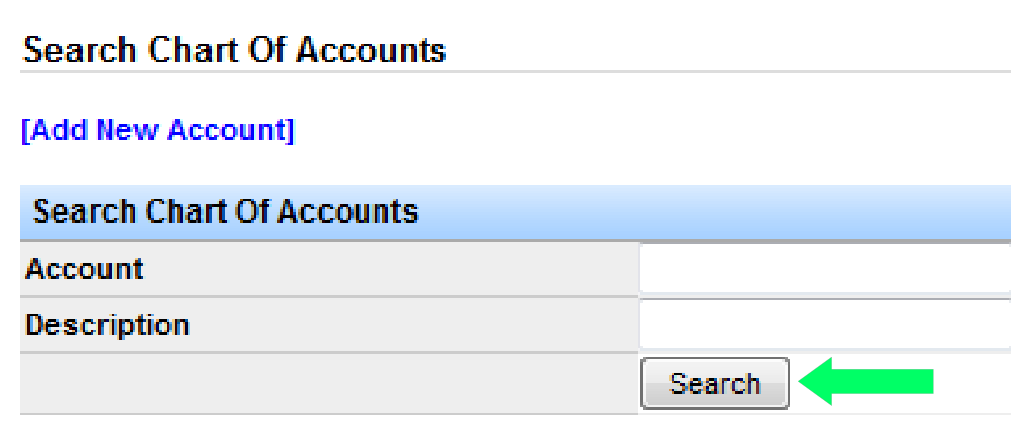 Search Chart of Accounts form with search fields and Search button.