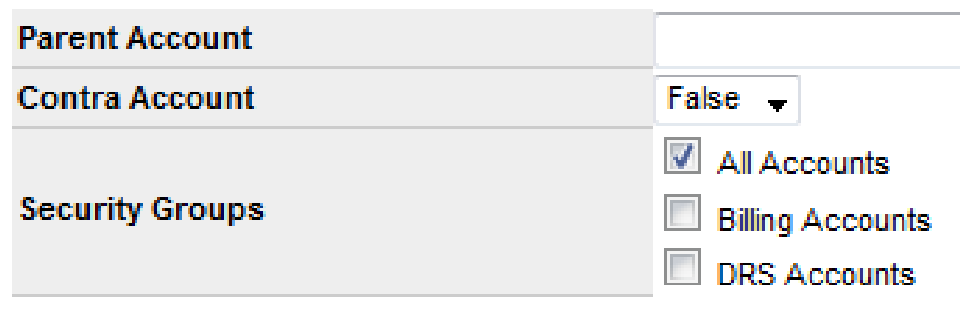 Security group checkboxes controlling which reports show the account.