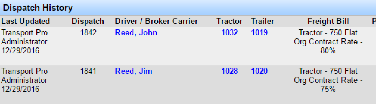 Dispatch History showing both split dispatch legs.