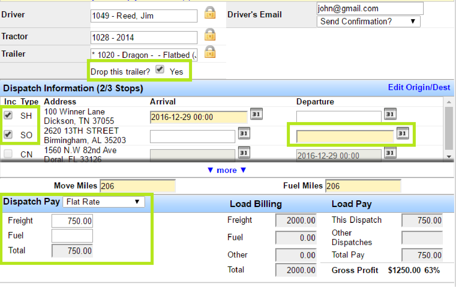 Edit Dispatch form for driver A with stop checkboxes and drop trailer option.