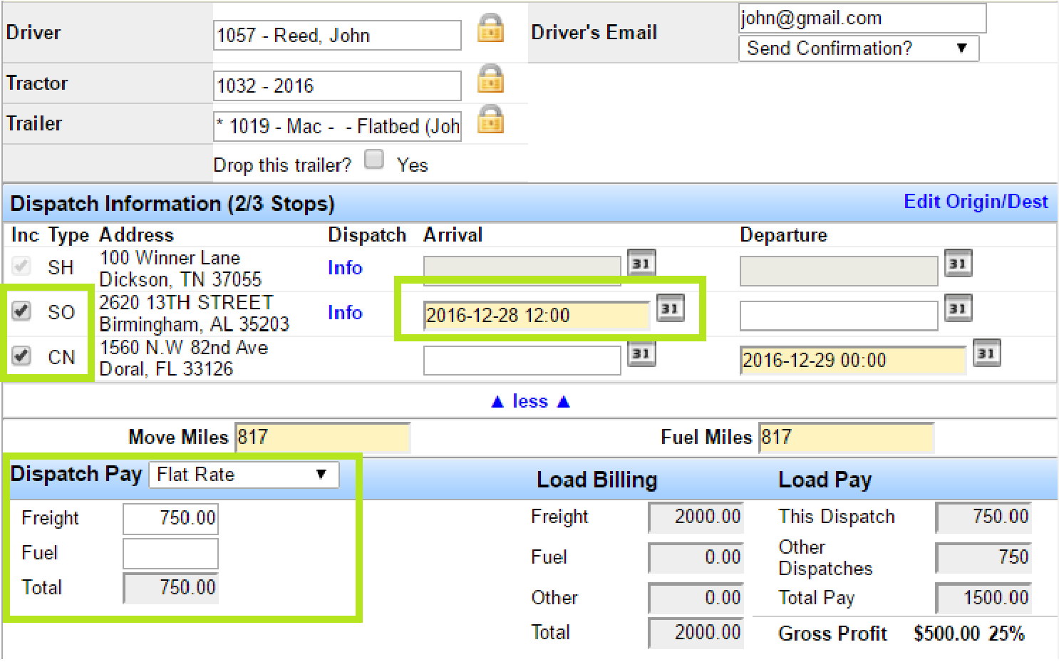 Edit Dispatch form for driver B covering the remaining stops.