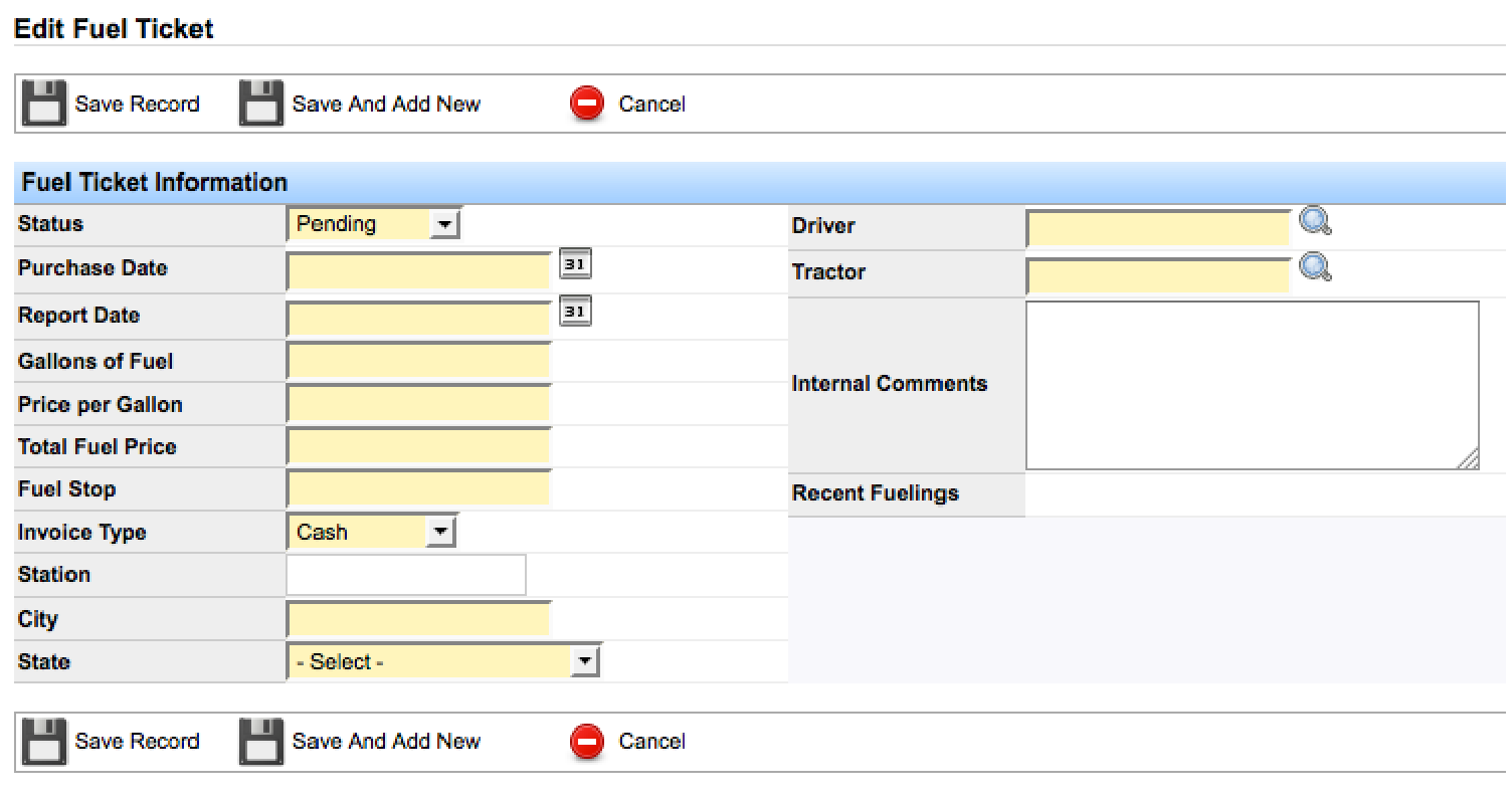 Add Fuel Ticket form for entering cash fuel purchases with gallons, price, location, tractor, and driver.
