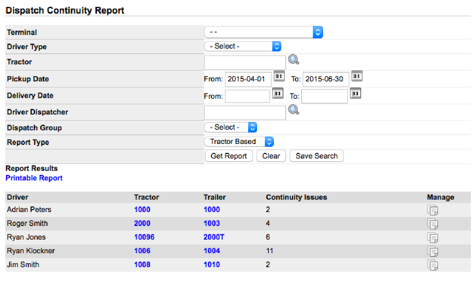 Dispatch Continuity Report search filters and results listing drivers, equipment, and continuity issue counts.