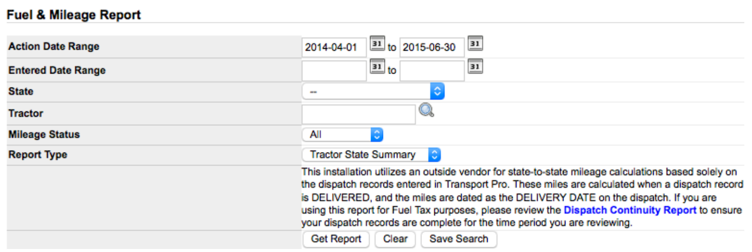 Fuel and Mileage Report filter options including report type and date ranges.