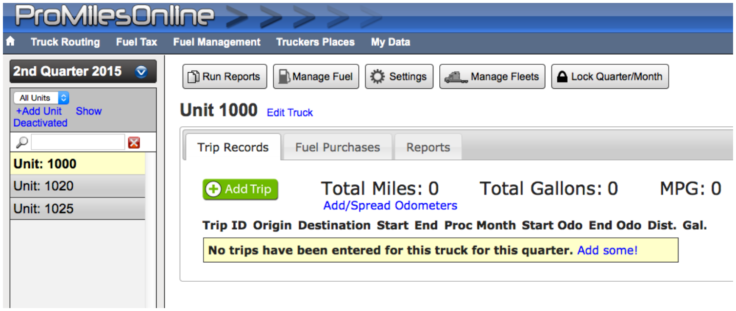 ProMiles Add Trip form with Trip ID, date, origin, and destination fields.