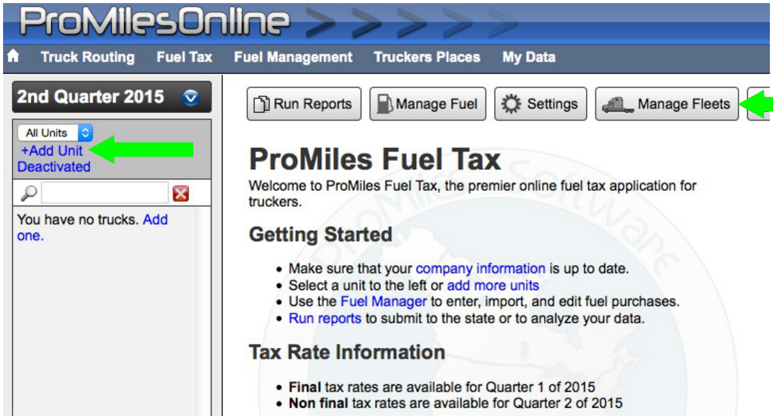 ProMiles Add Unit popup for setting up a tractor in FuelTaxOnline.