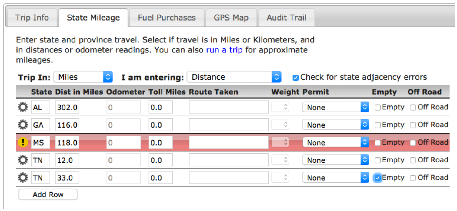 ProMiles Fuel Purchases tab for entering gallons and purchase price by state.