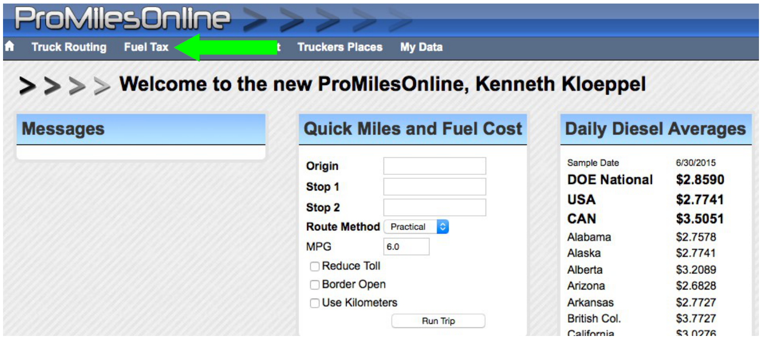 ProMilesOnline dashboard with Fuel Tax highlighted in the top navigation.