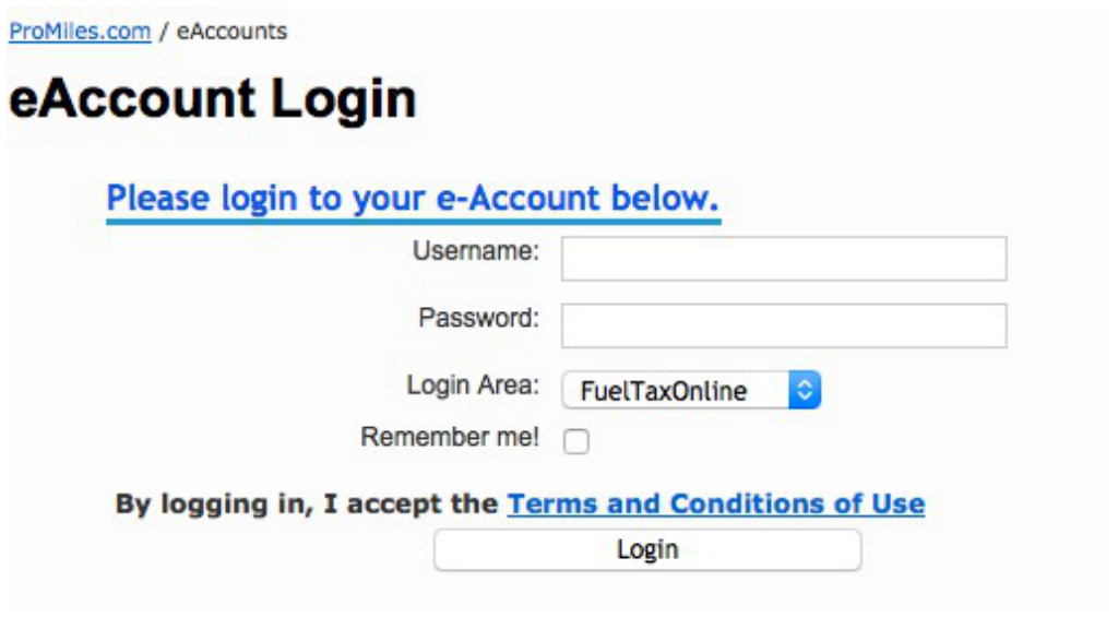 ProMiles eAccount Login screen with Login Area set to FuelTaxOnline.