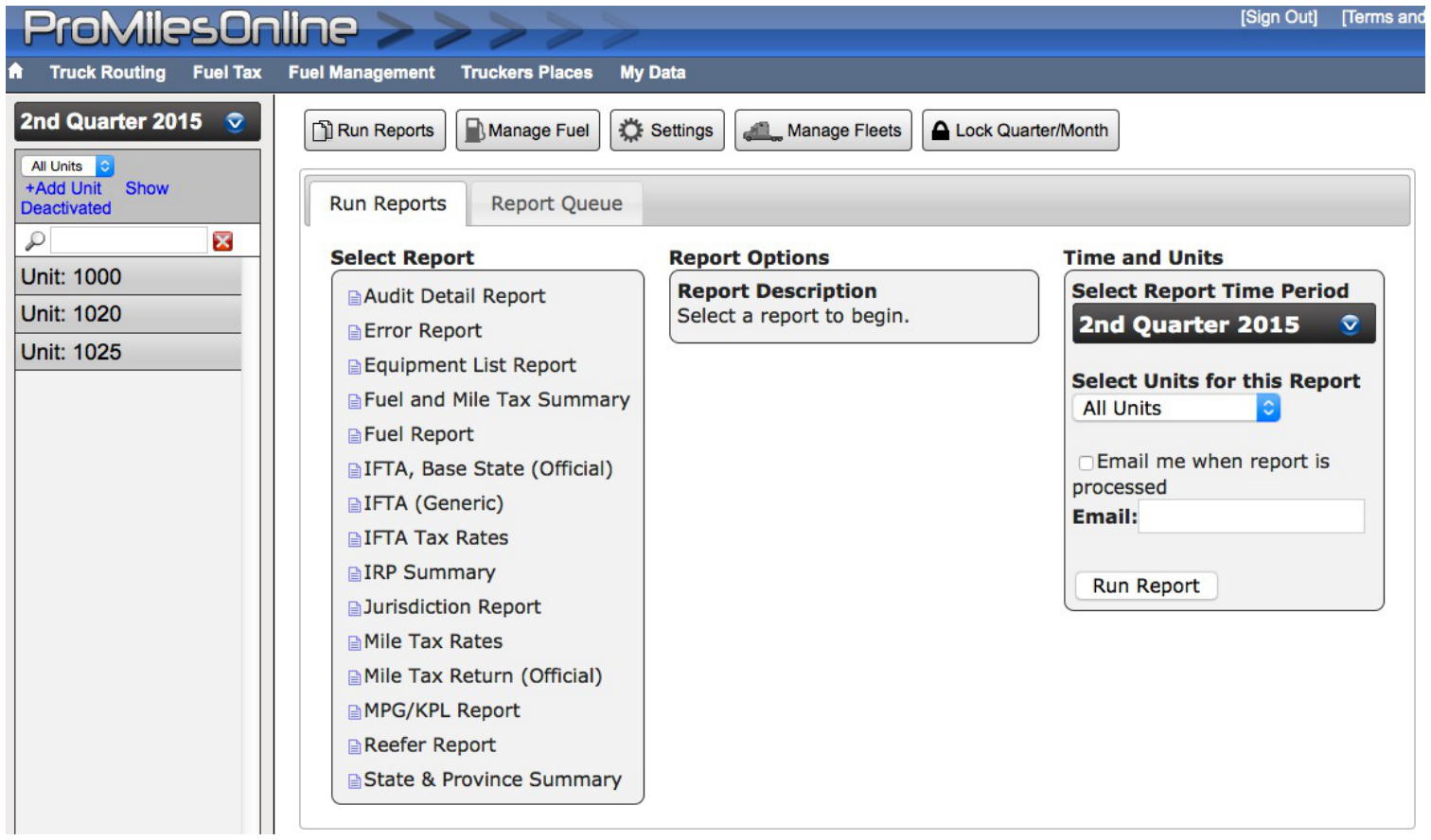 ProMiles FuelTaxOnline Run Reports page for IFTA and other fleet reports.