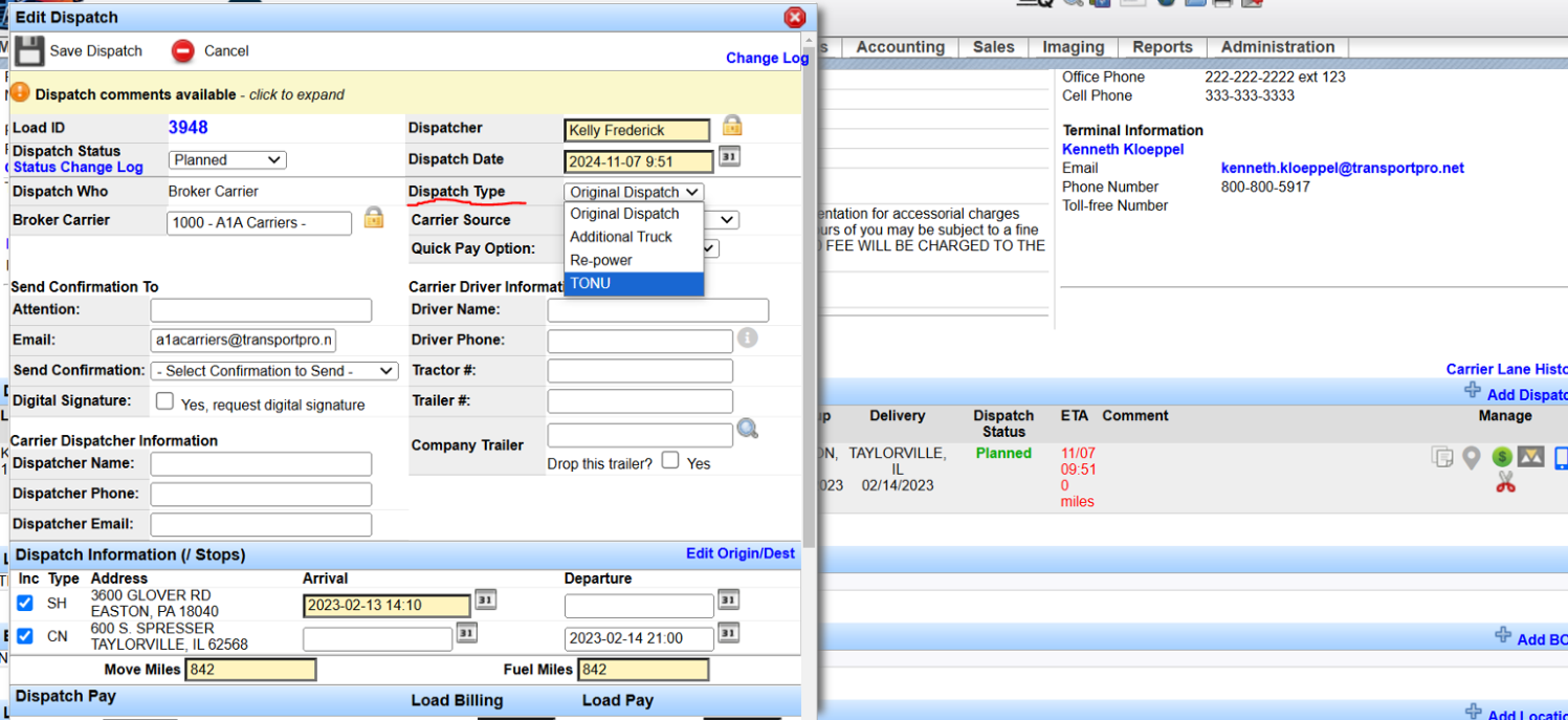 Dispatch record with Dispatch Type set to TONU, status Delivered, and miles zeroed.