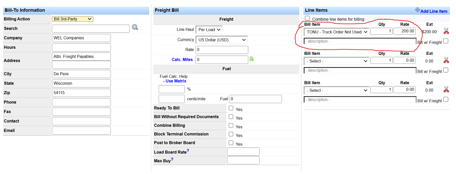 Load Line Items section with a TONU billing code and amount, and line haul zeroed out.