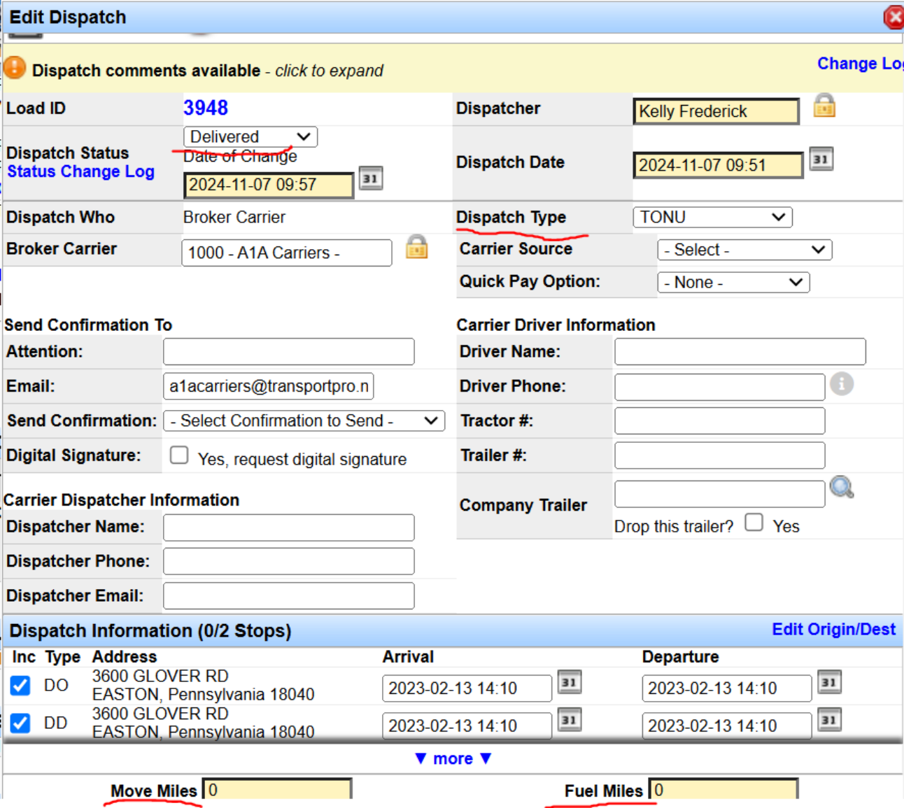 Manage pay window on a broker carrier dispatch used to add TONU payout.