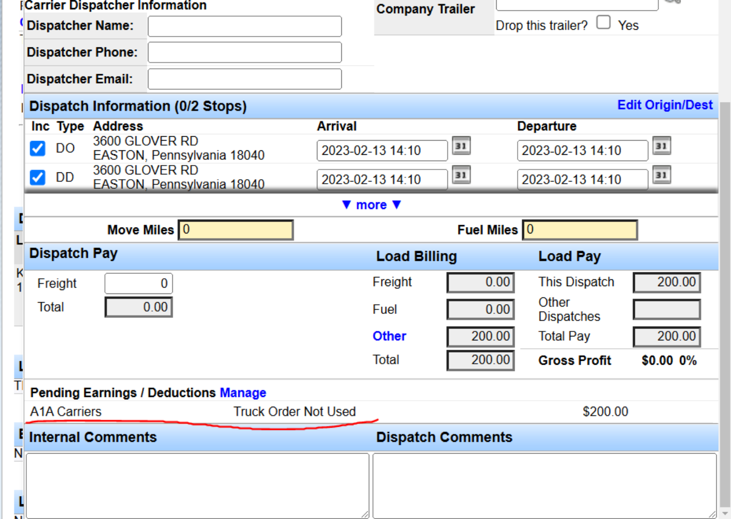 Dispatch record showing saved TONU pay after using Manage.