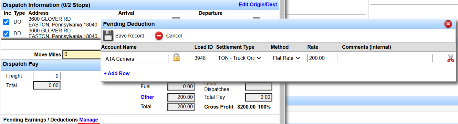 Dispatch form with line haul pay zeroed before adding TONU pay via Manage.