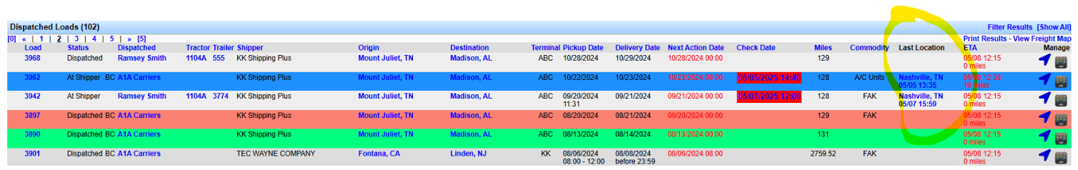 Freight Operations Dashboard Last Location column showing automated Trucker Tools location updates.