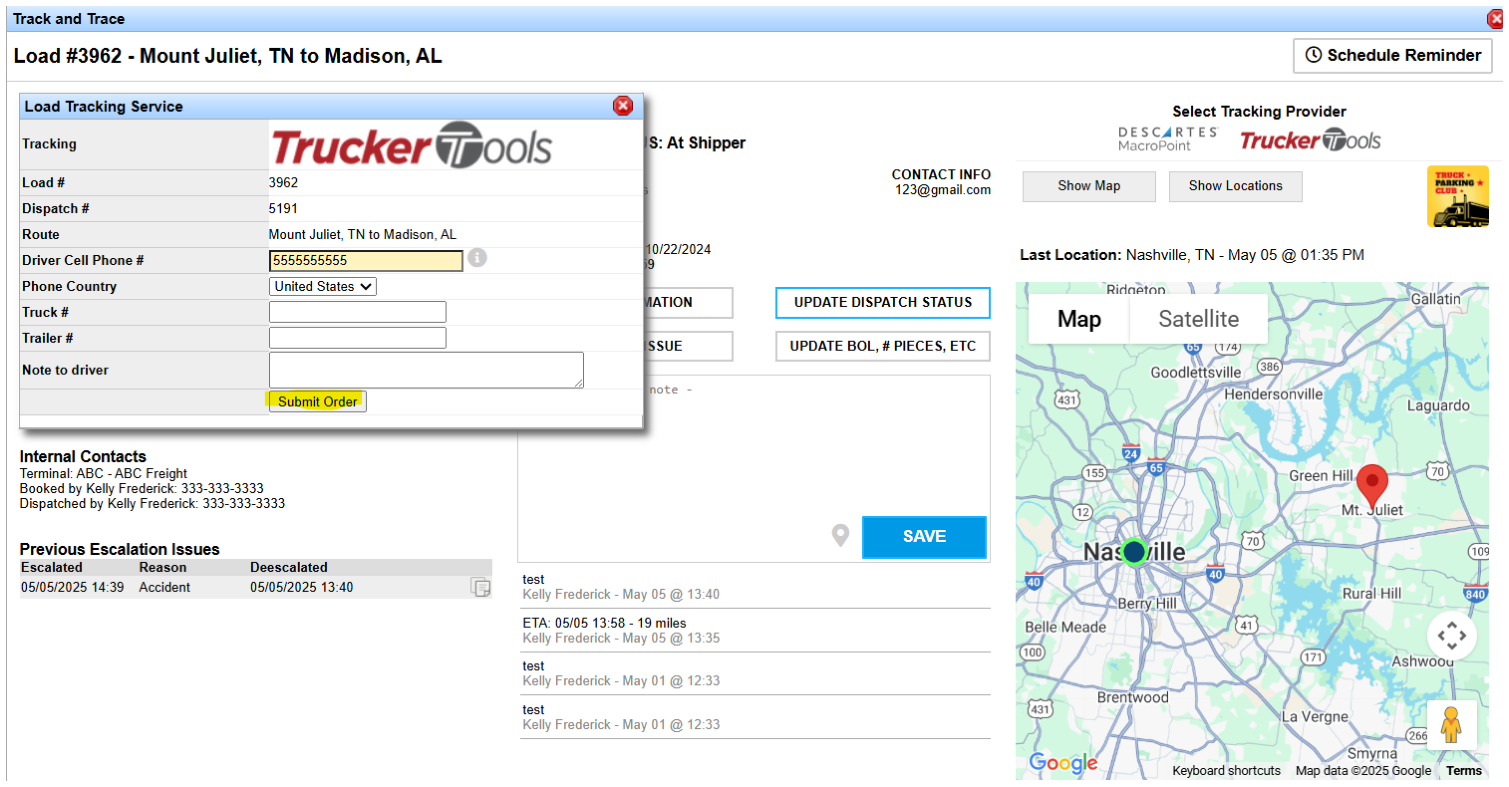 Load Tracking Service window for Trucker Tools with driver cell phone and Submit Order button.