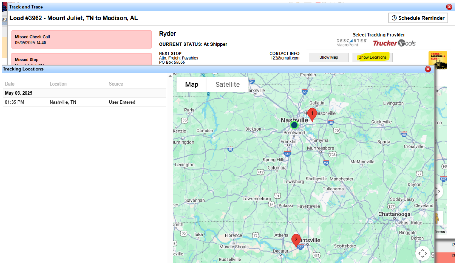 Track and Trace map and Show Locations view with Trucker Tools location pings.