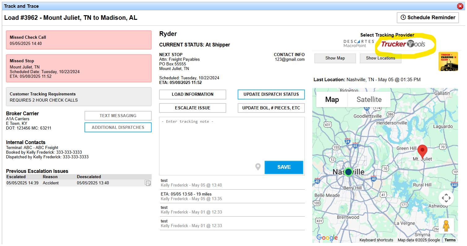 Track and Trace screen showing the Trucker Tools logo among tracking provider options.