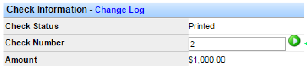 Editable Check Number field with green save icon after clicking Change Check Number.