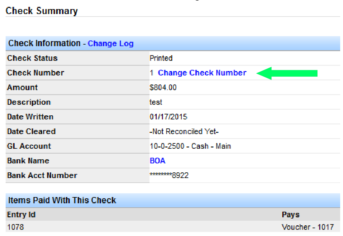 Check Summary with check information and Change Check Number link highlighted.