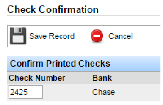 Check Confirmation screen with Save Record action.