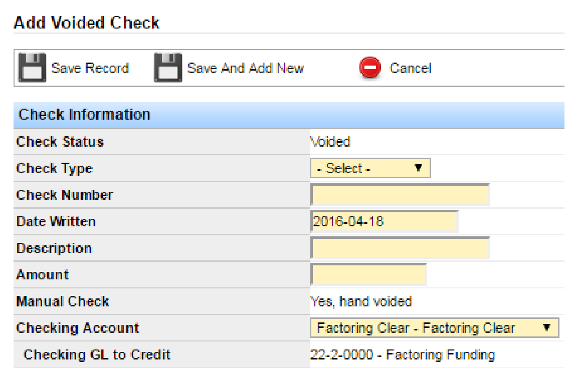 Add Voided Check form with required yellow fields for check number, date, description, amount, and checking account.