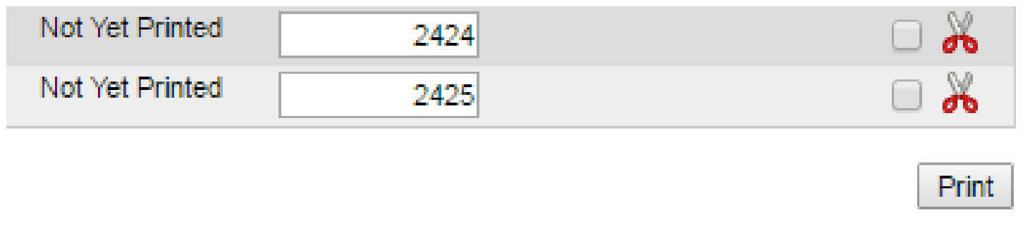Print queue rows with check number fields, selection checkboxes, and Print button.