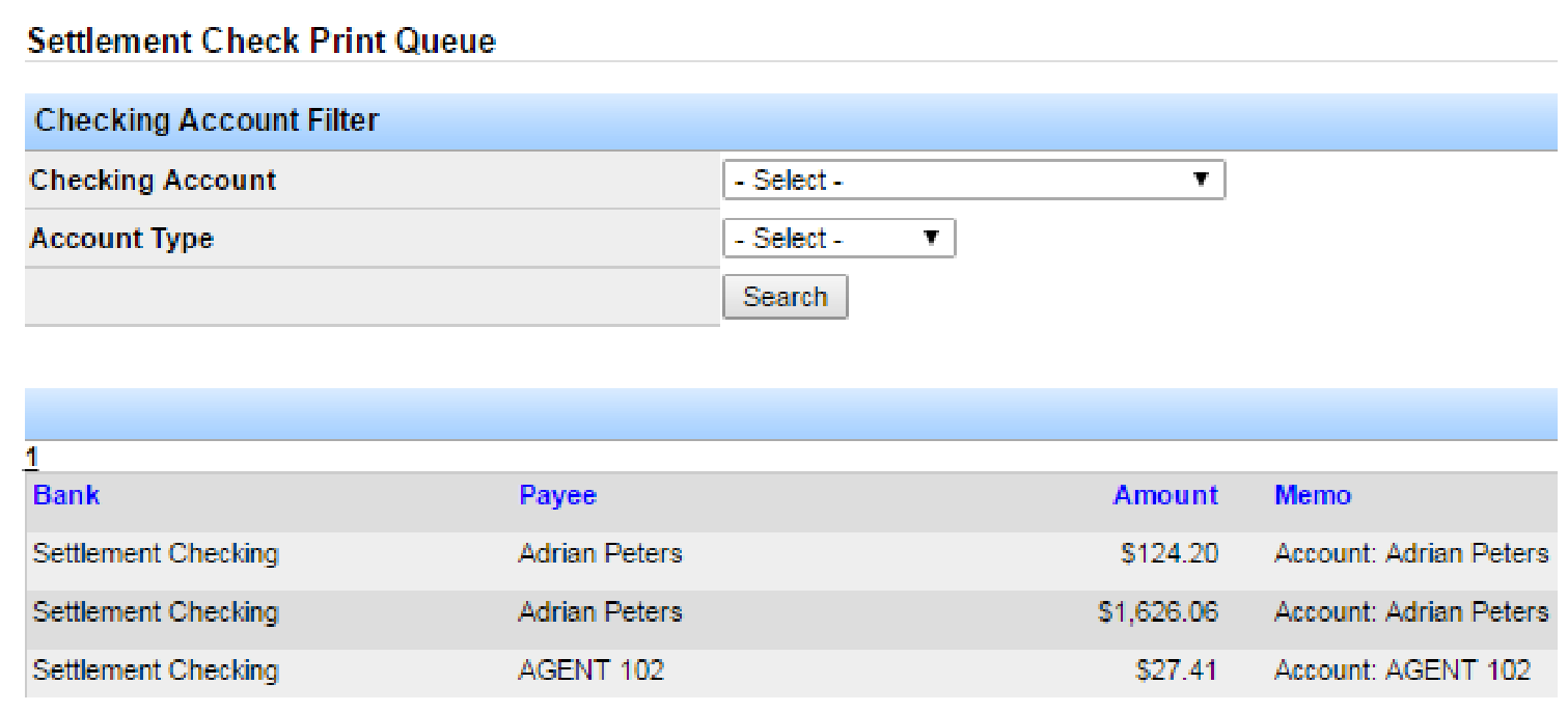 Settlement Check Print Queue with checking account filters and list of payees and amounts.