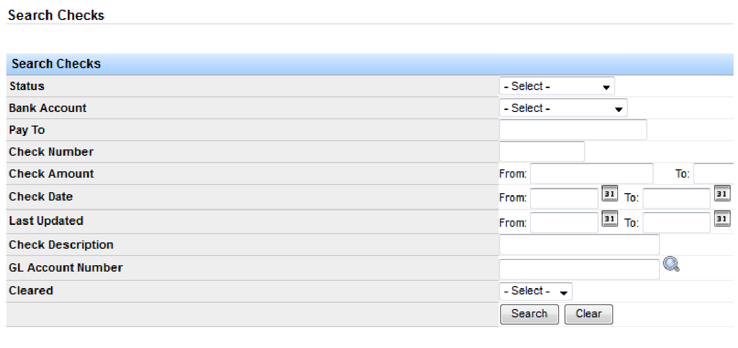 Search Checks form with filters for status, bank account, pay to, check number, amount, dates, and cleared status.