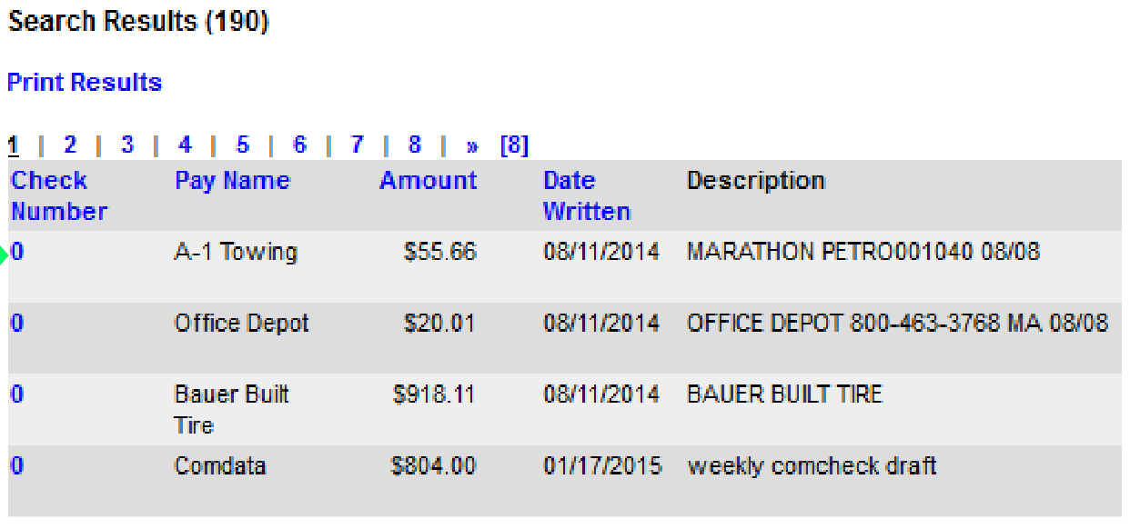 Search Checks results list with check numbers, amounts, and dates.