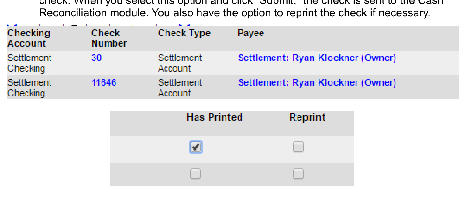Unvalidated Checks Report with check numbers listed and Has Printed / Submit options.