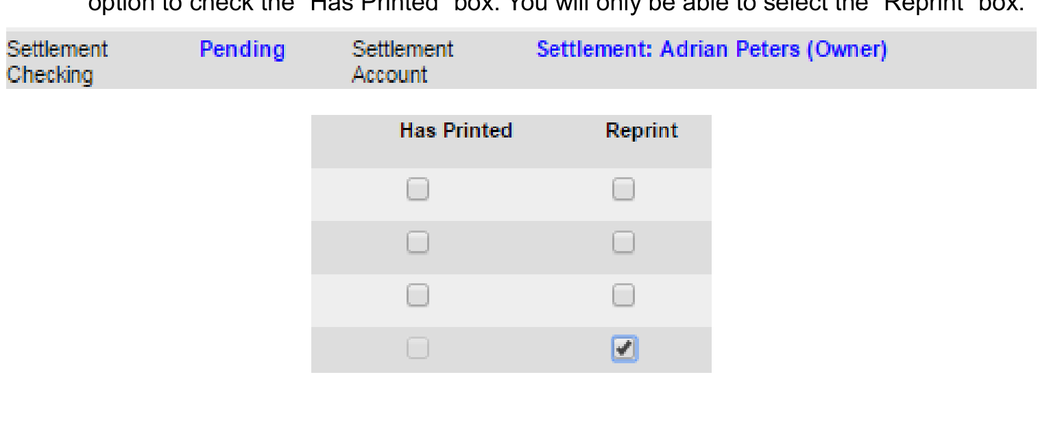Unvalidated Checks Report showing Pending check number and Reprint option.
